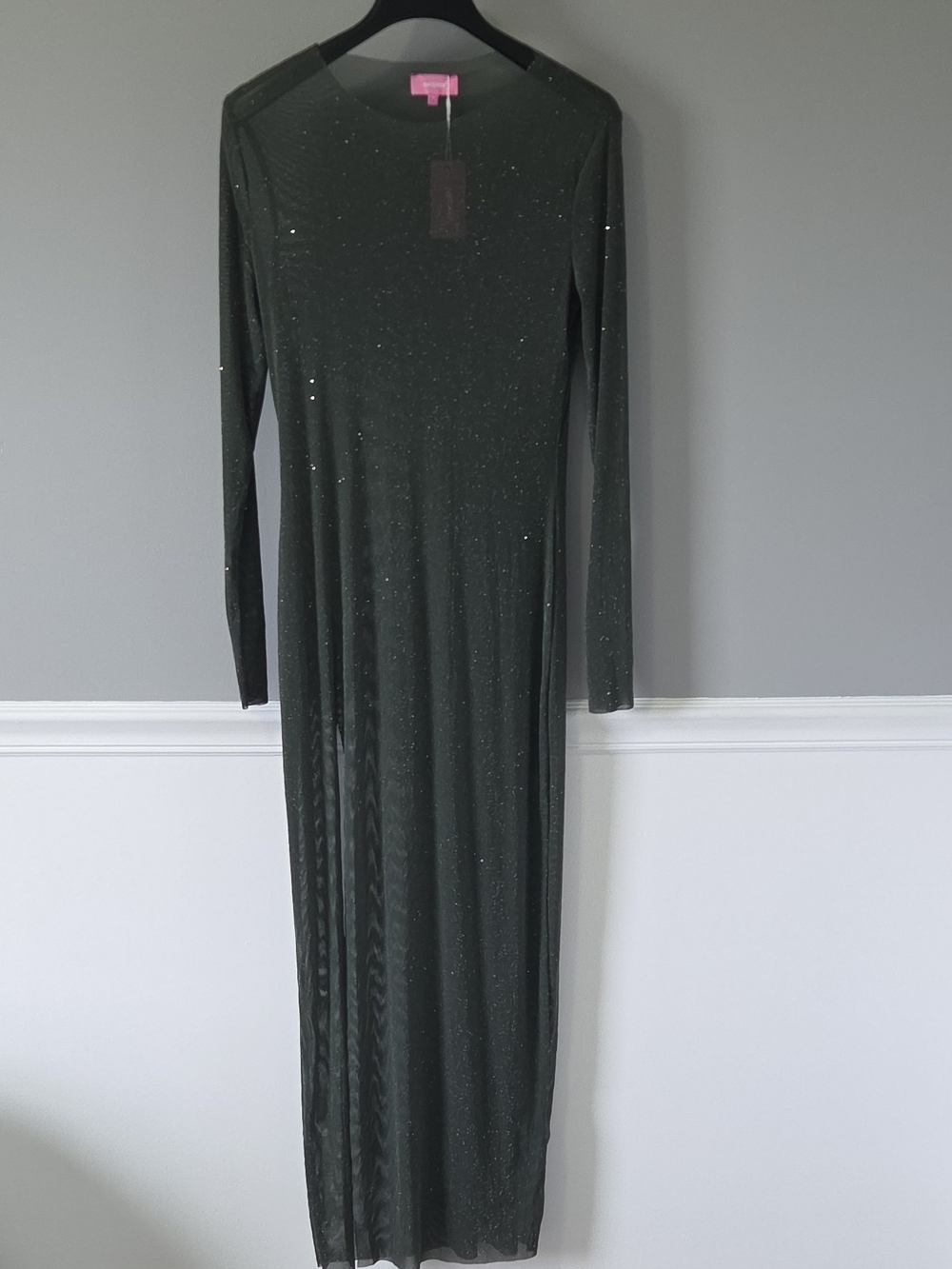 Long Sleeve Dark Olive Green Sparkle Sheer Mesh Maxi Crew Neck XL Dress Bodycon